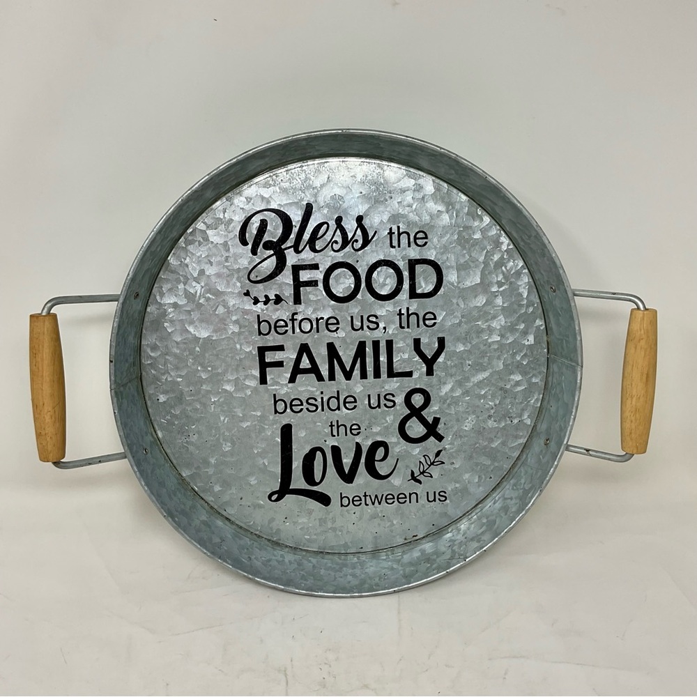 Galvanized Metal Serving Tray with Wooden Handles